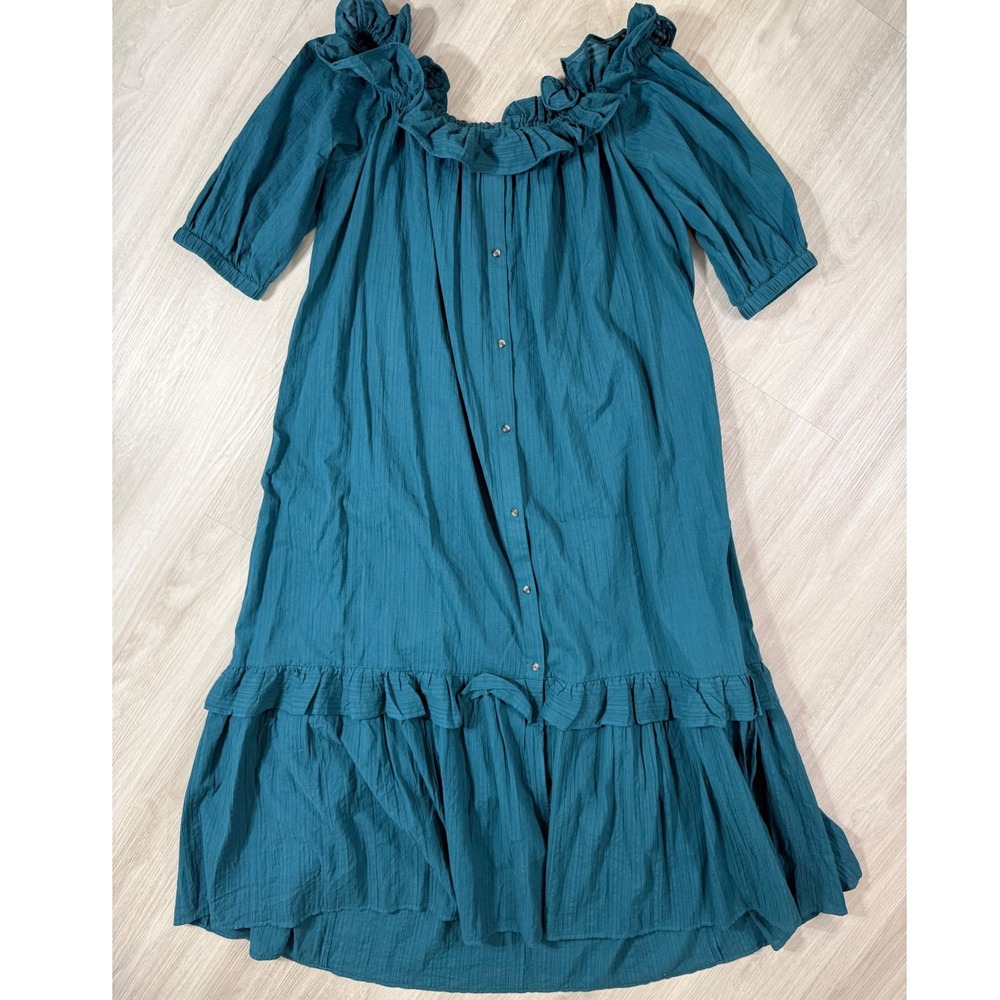Anthropologie Teal Blue Ruffle Off Shoulder Cotton Gauze Midi Dress Large Boho - Picture 2 of 13